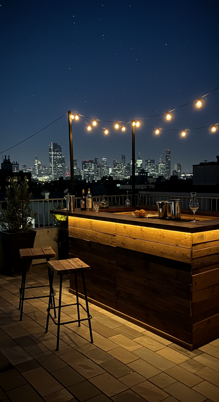 DIY-Holzbar mit integrierter Beleuchtung und Barhockern auf Dachterrasse bei Nacht.