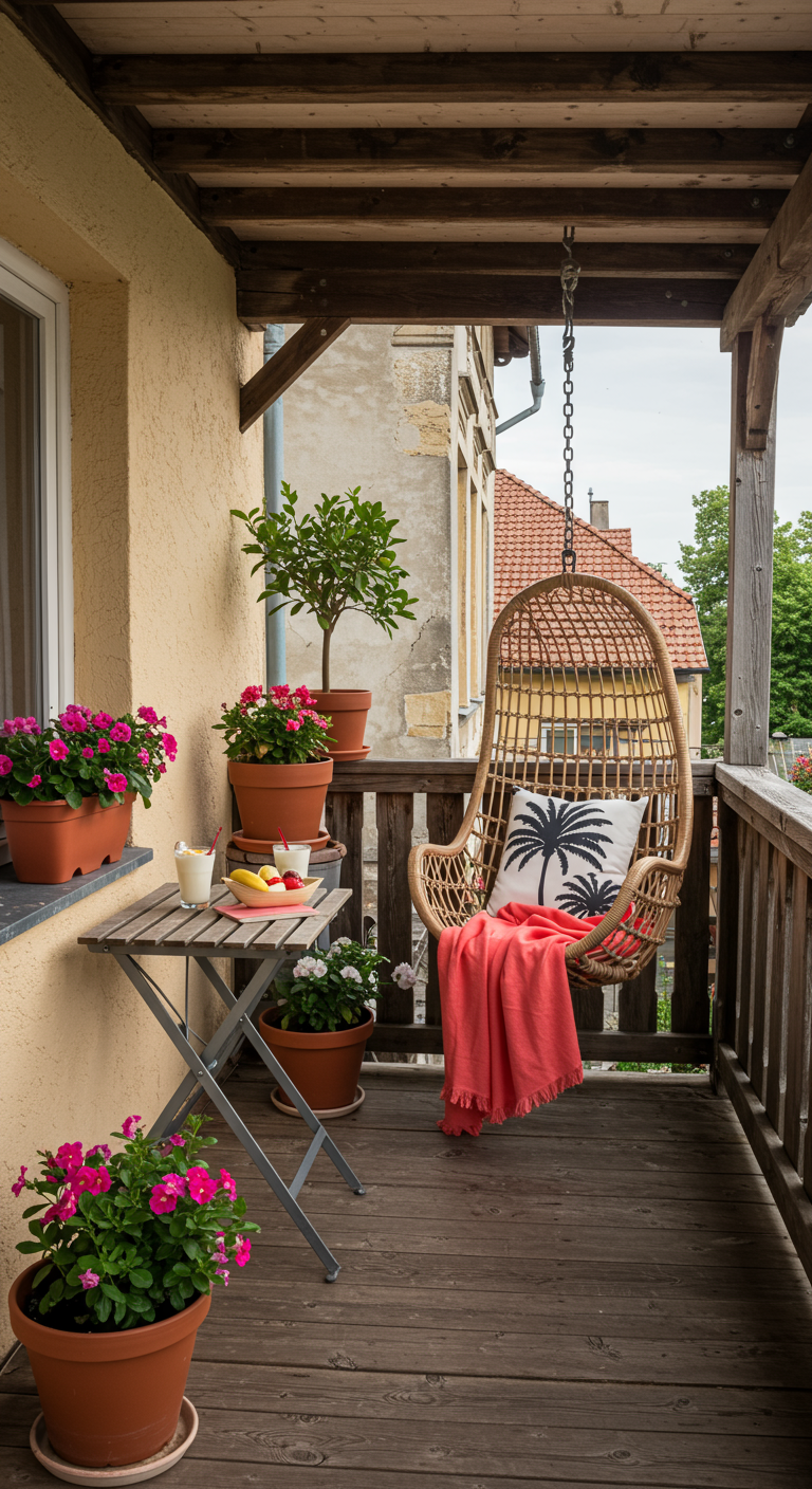 Rattan-Hängesessel mit Palmenkissen und korallfarbener Decke auf Holzbalkon.