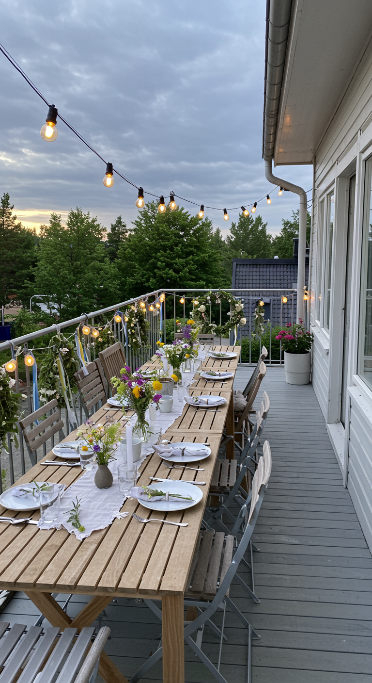 Lang gedeckter Holztisch auf Balkon für Midsommar-Fest, mit Lichterketten und Blumendeko.