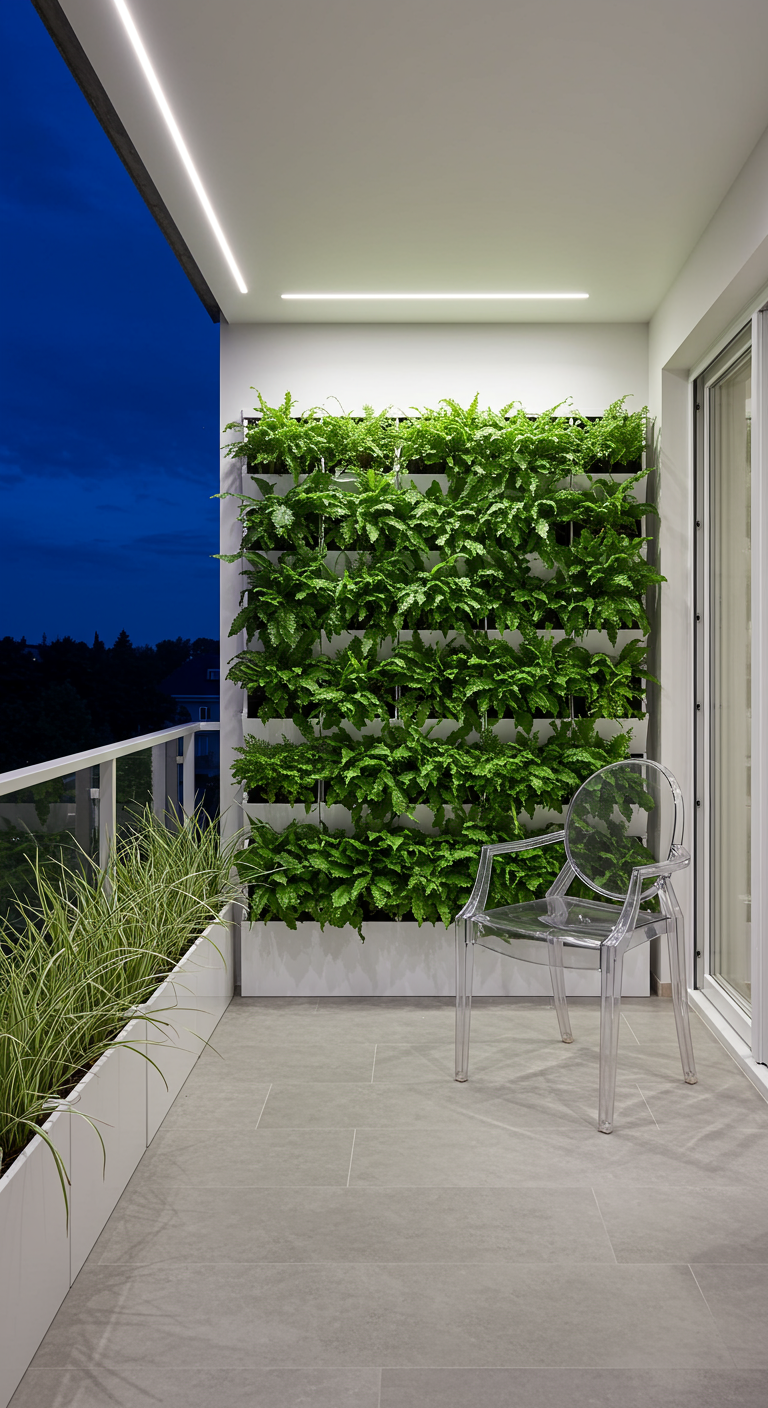 Moderner Balkon mit einer großen, beleuchteten vertikalen Wand aus Farnen.