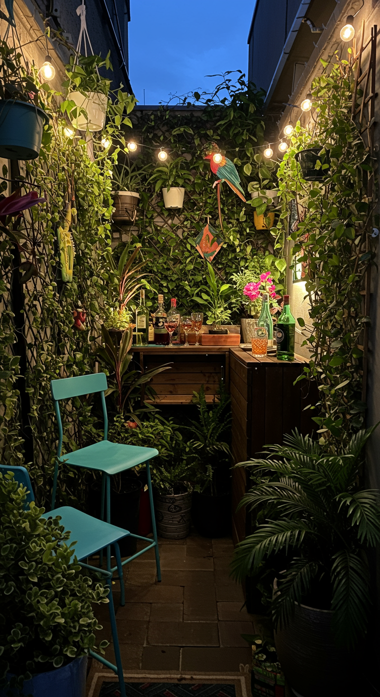 Kleiner, üppig begrünter Balkon mit kleiner Bar-Ecke, Lichterketten und bunten Stühlen.
