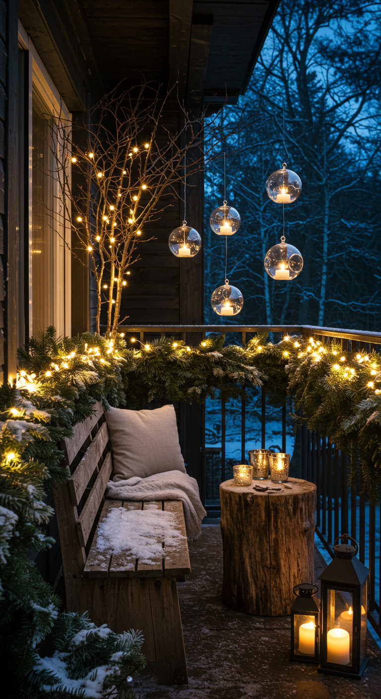 Winterlicher Balkon mit beleuchtetem Ast, Holzsitzbank, Kerzen und Tannengirlande.