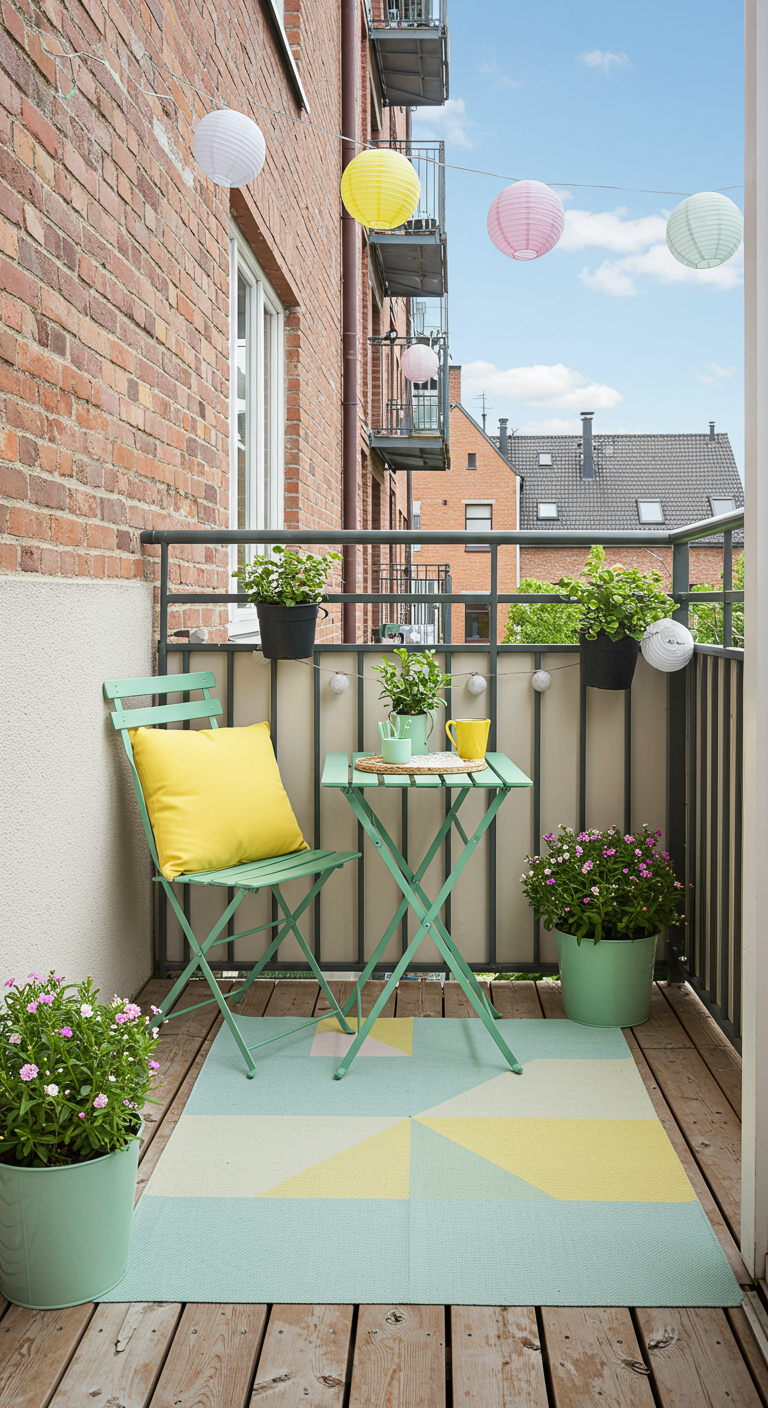 Balkon mit mintgrünem Klappstuhl, gelbem Kissen und Teppich in Pastellfarben.