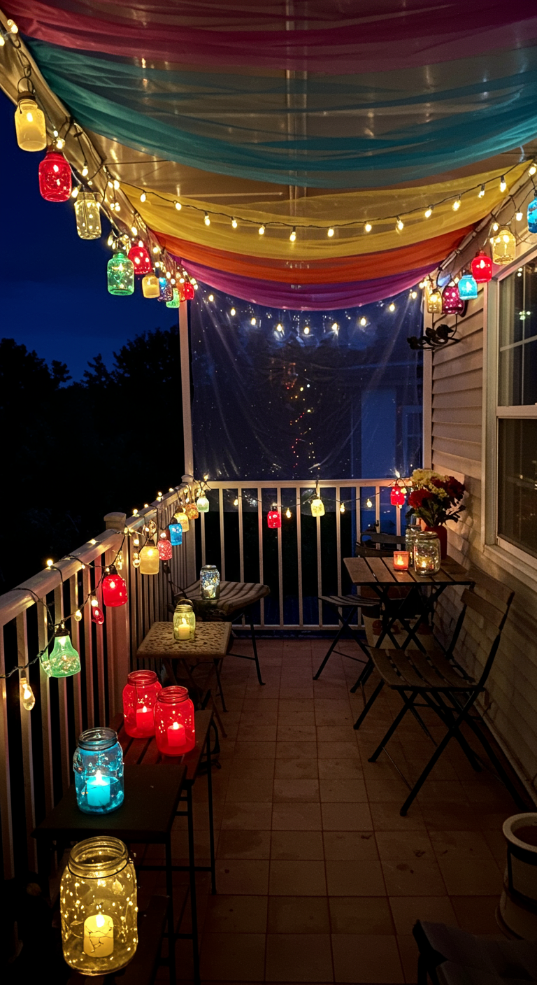 Balkon bei Nacht mit bunten Glaslaternen, Lichterketten und einem farbigen Stoffdach.