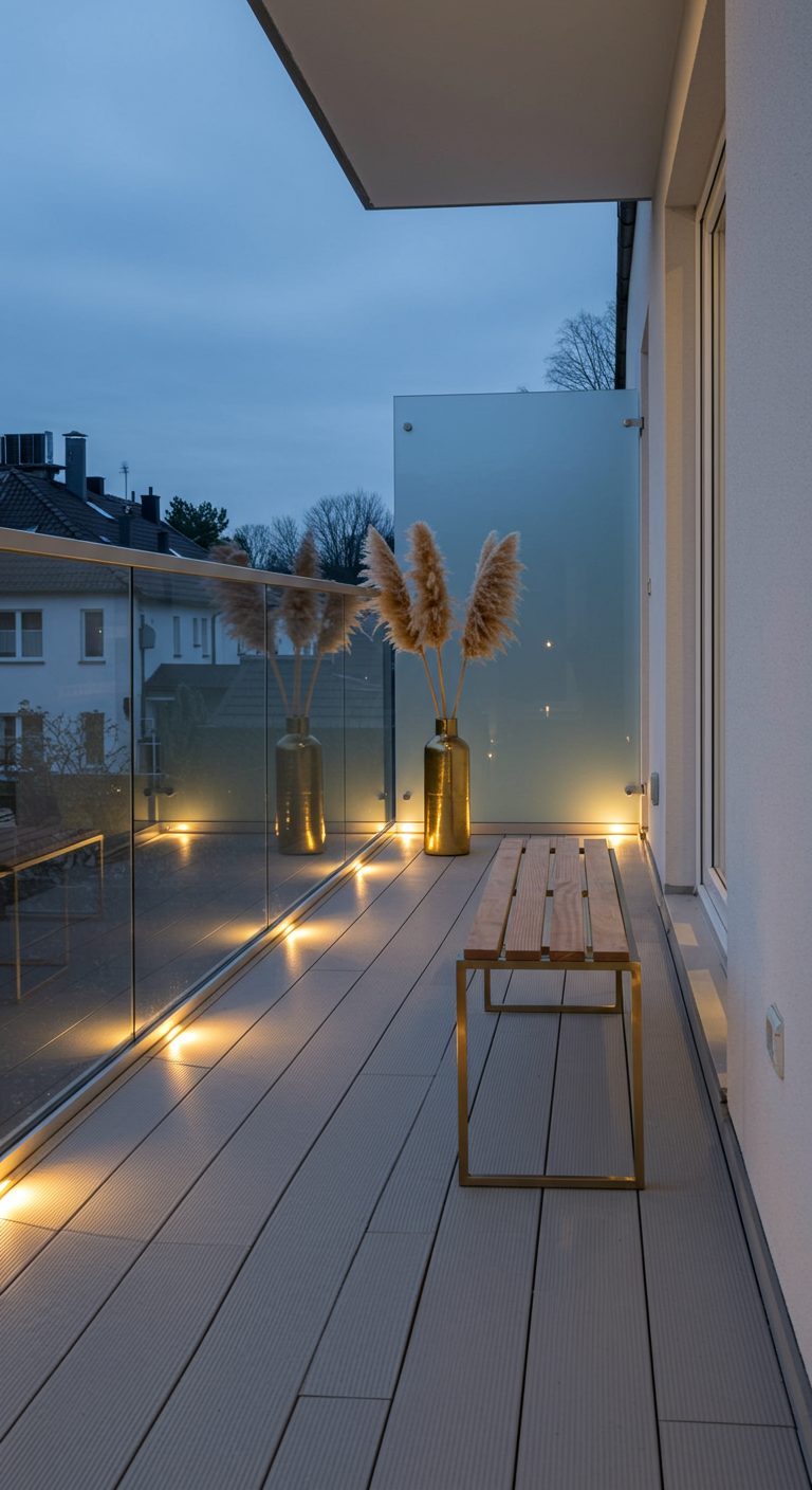 Moderner Balkon mit Glasgeländer, beleuchtet von Bodenspots, goldene Vase mit Pampasgras.