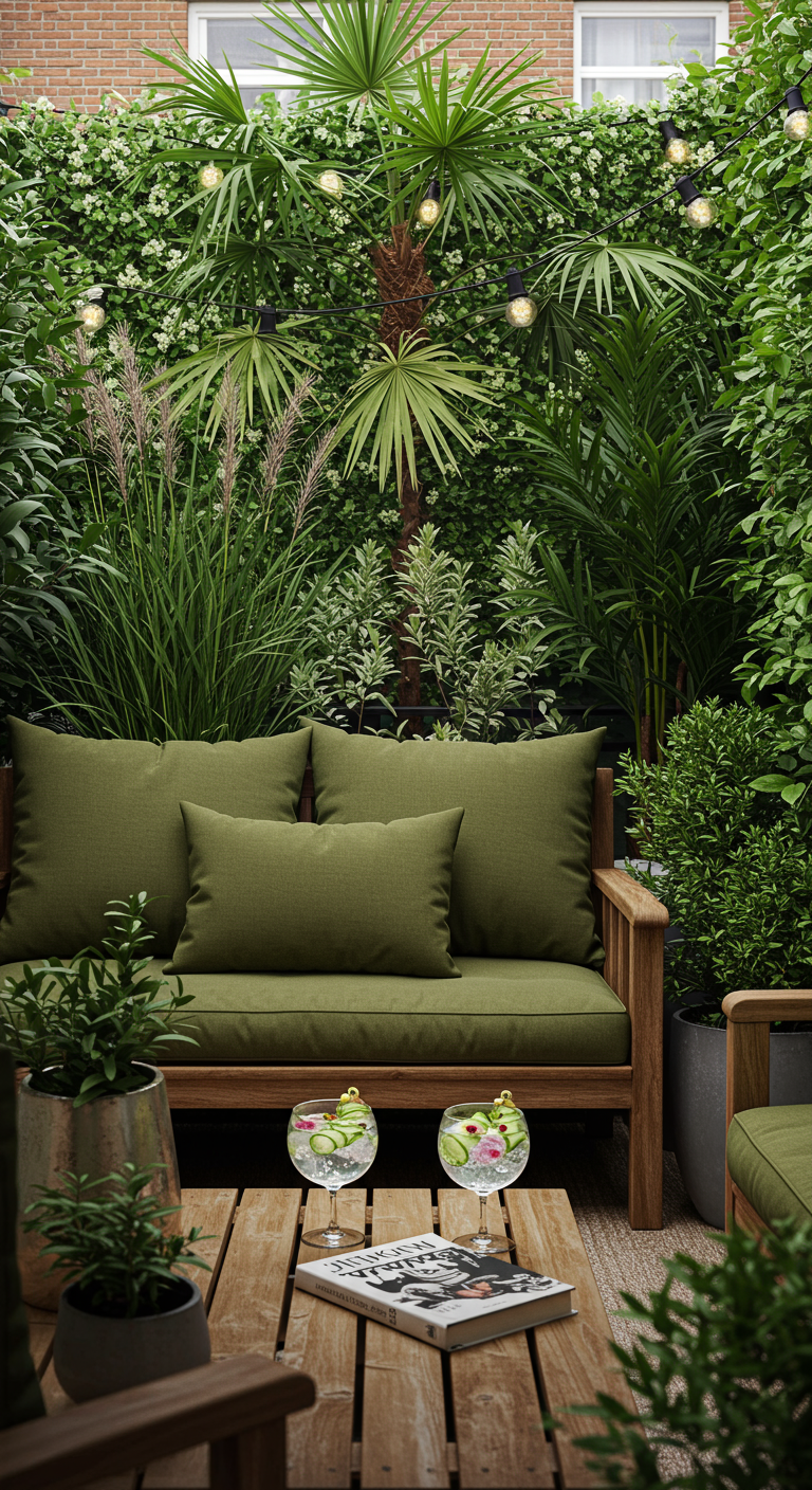 Üppig begrünter Balkon mit Holzsofa, grünen Kissen und Gin Tonics.