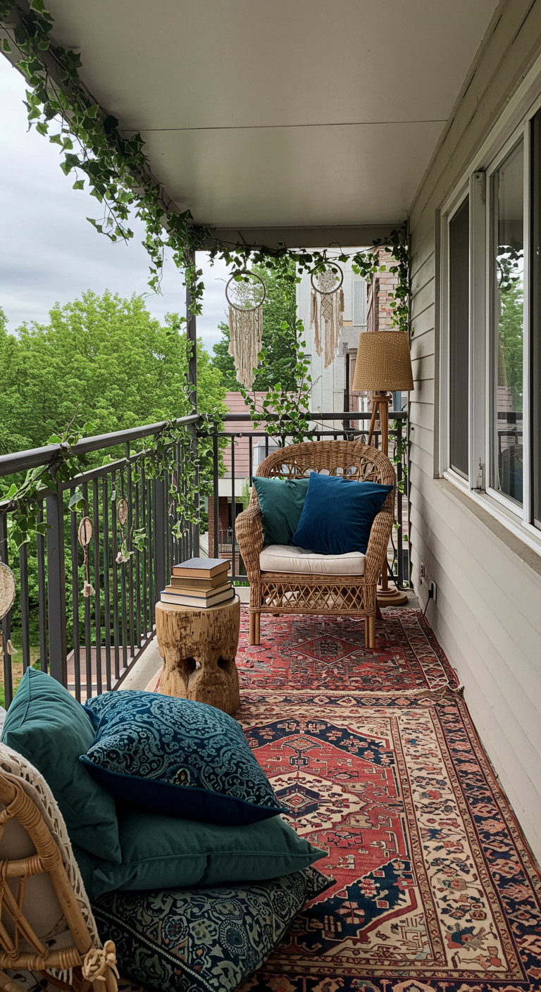 Schmaler Boho-Balkon mit Korbsessel, Kletterpflanzen, Traumfängern und Teppich mit Ethnomuster.