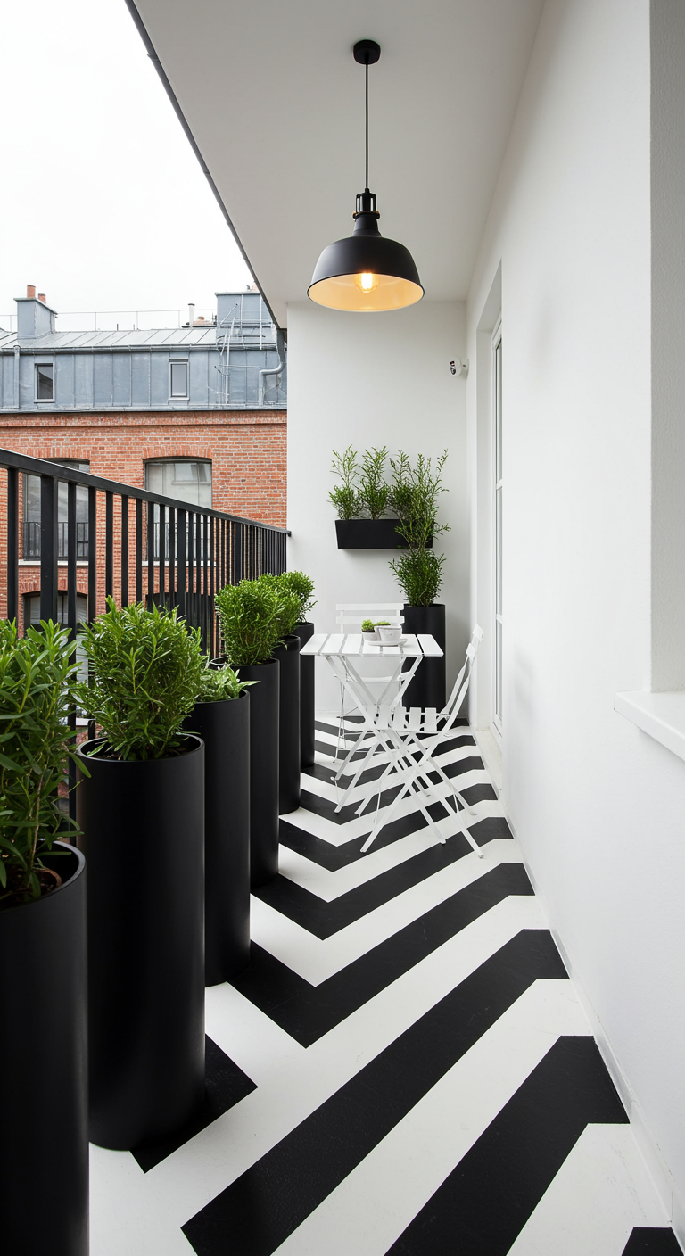 Schmaler Balkon mit schwarz-weißem Chevron-Boden, weißen Metallmöbeln und hohen schwarzen Pflanzkübeln.