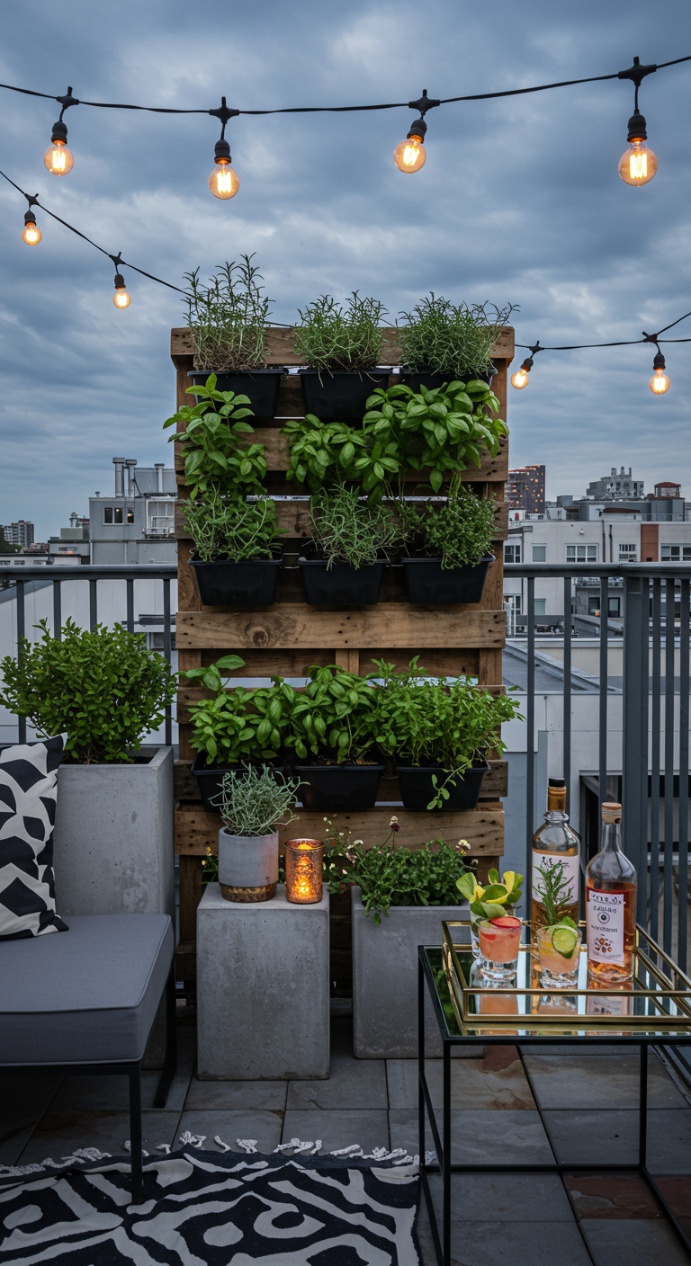 Vertikaler Kräutergarten aus Palette neben einer kleinen Bar mit Gin-Cocktails auf dem Balkon.