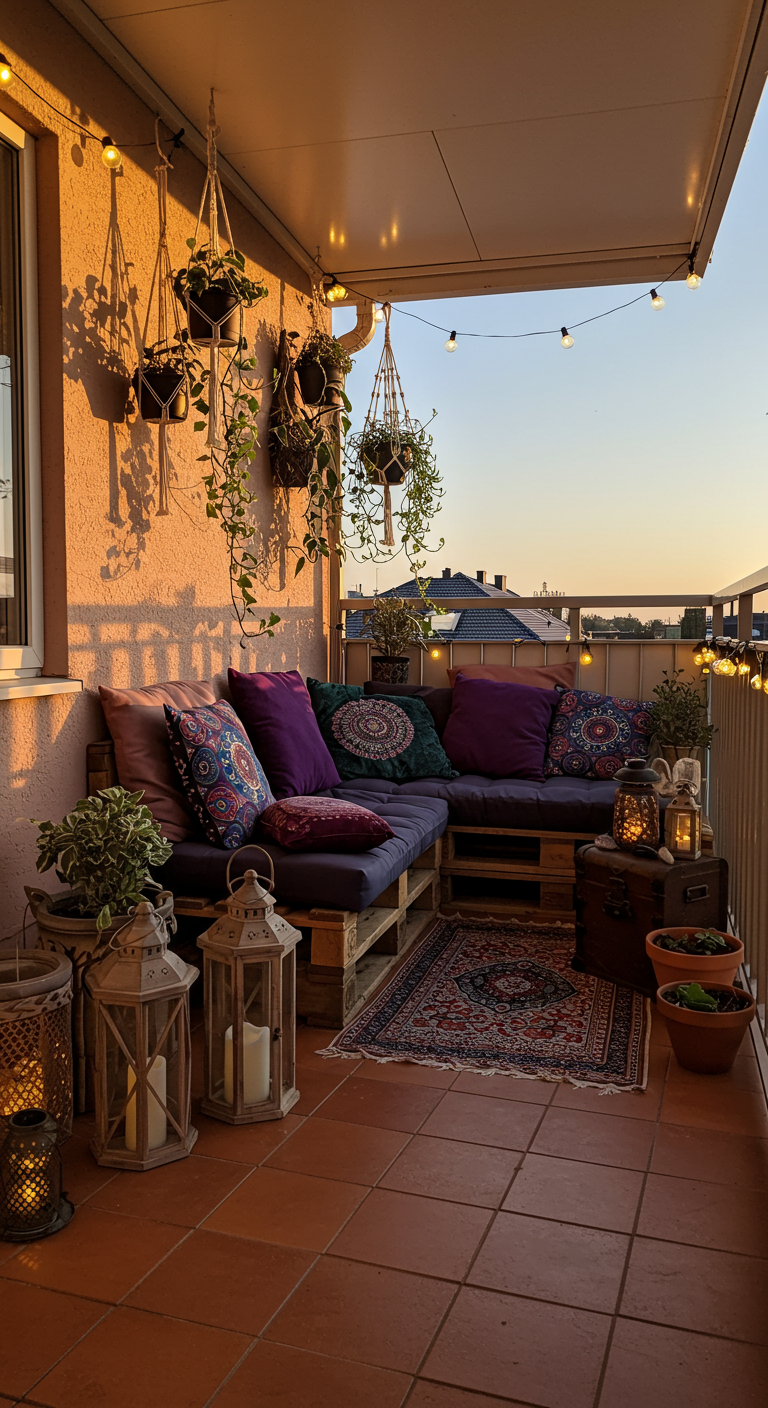 Boho-Balkon mit Palettensofa, vielen Kissen, Laternen und Lichterketten im Abendlicht.