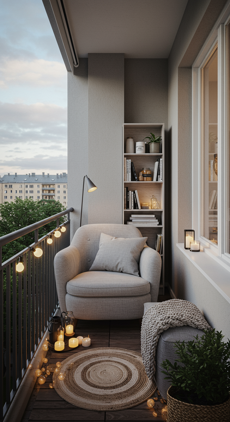 Kleiner Balkon mit beigem Sessel, Lichterketten, Kerzen und kleinem Regal.