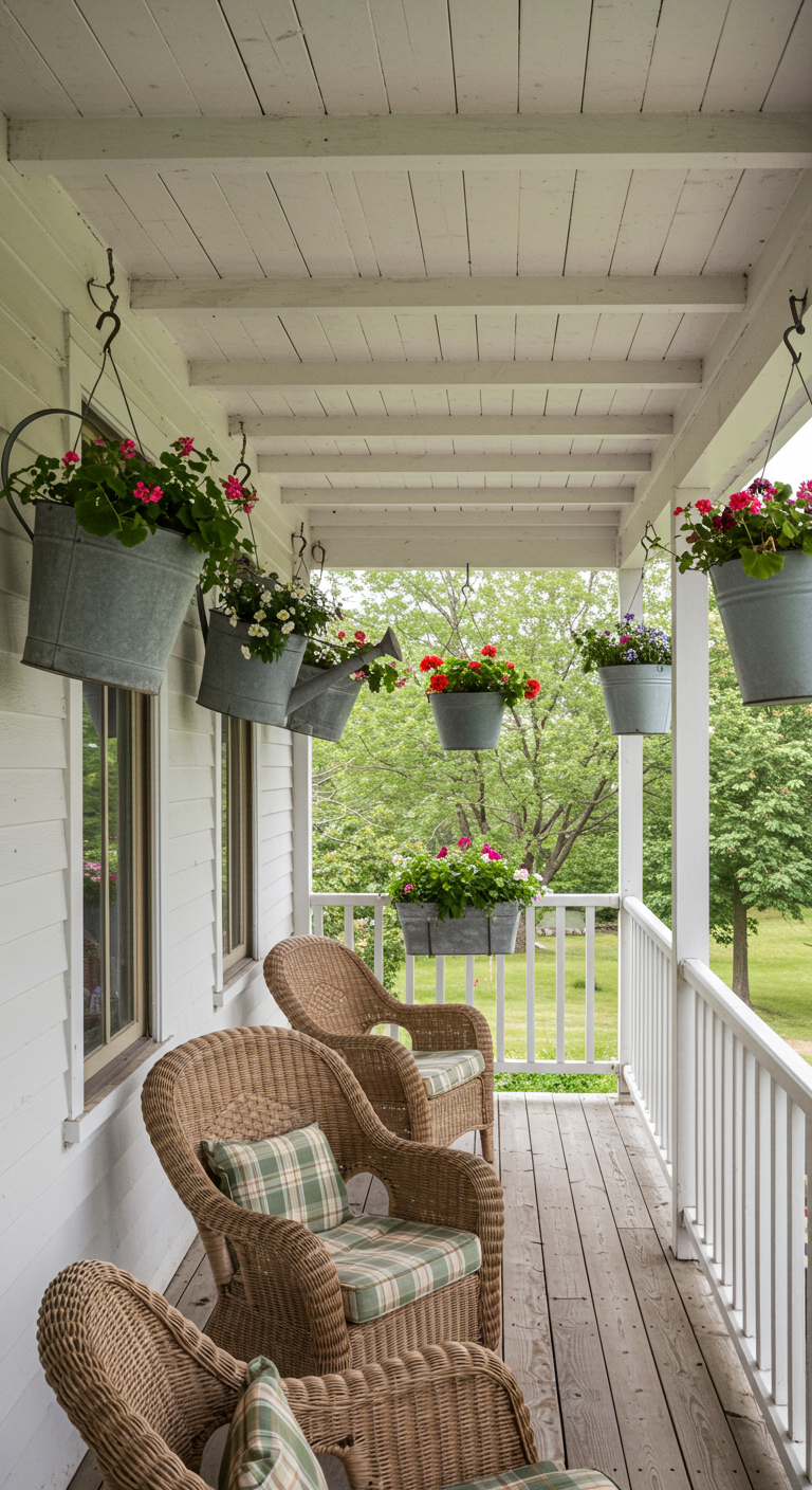 Veranda im Landhausstil mit blühenden Hängepflanzen in Zinkeimern.