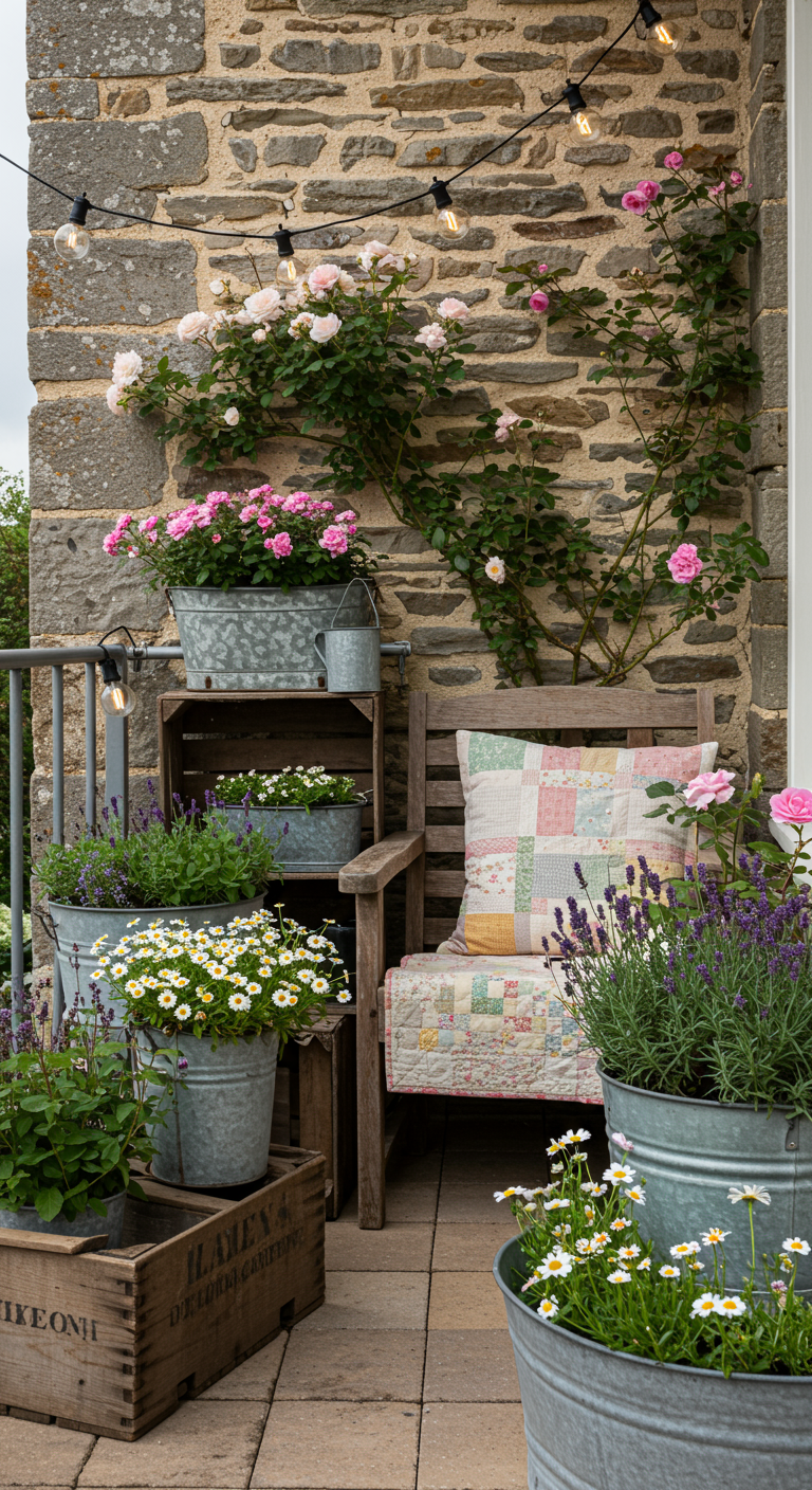 Rustikaler Balkon mit Holzbank, Zinktöpfen voller Blumen und Kletterrosen.