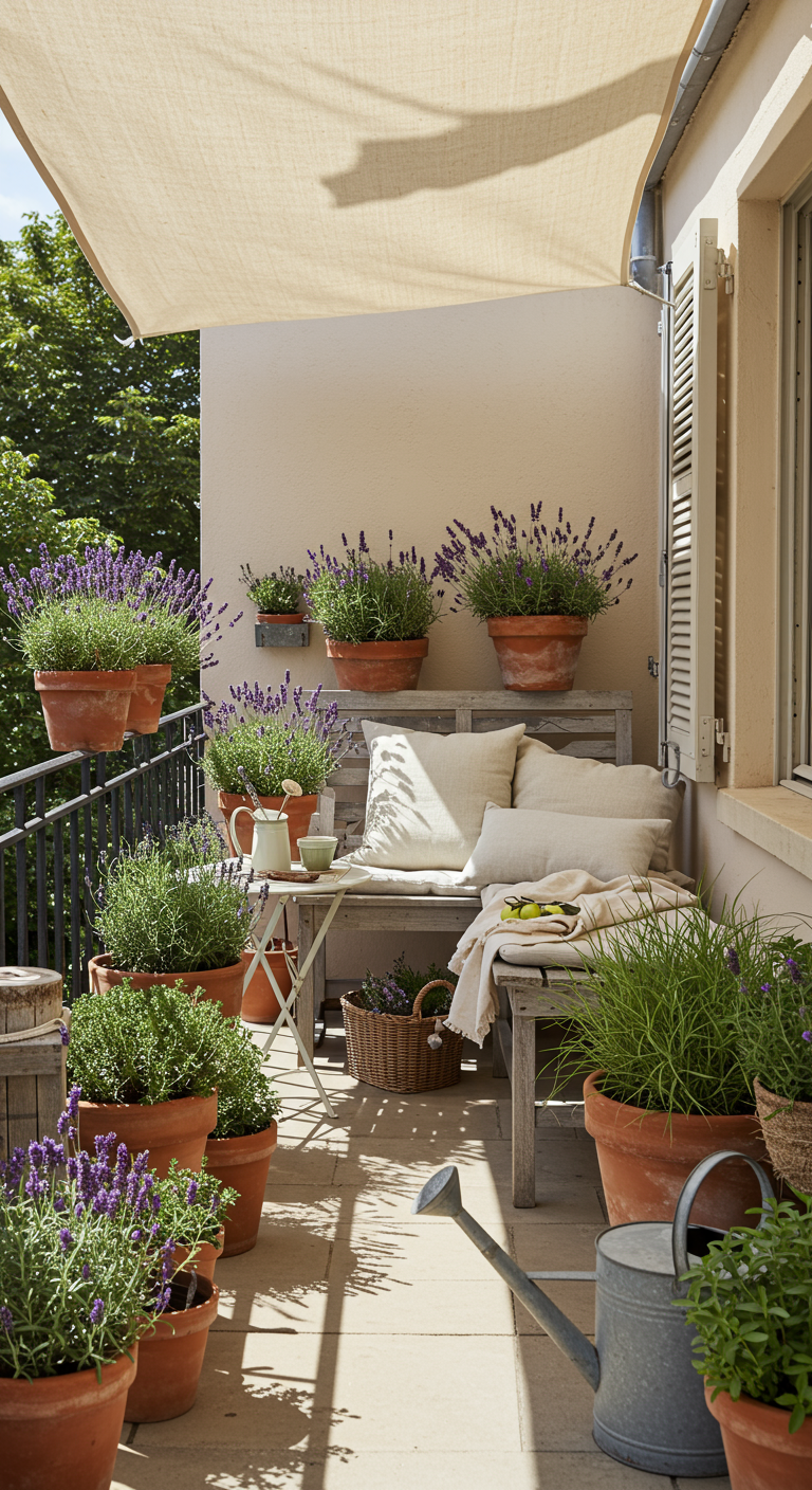 Südbalkon mit beigem Sonnensegel, Holzbank mit Kissen und vielen Lavendelpflanzen in Terrakottatöpfen.