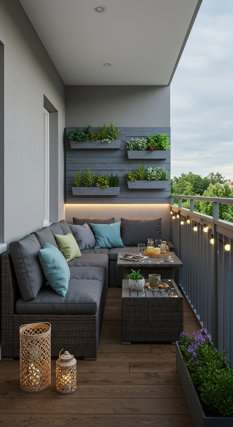 Graue Ecklounge mit blauen Kissen und vertikaler Pflanzenwand auf einem Balkon.