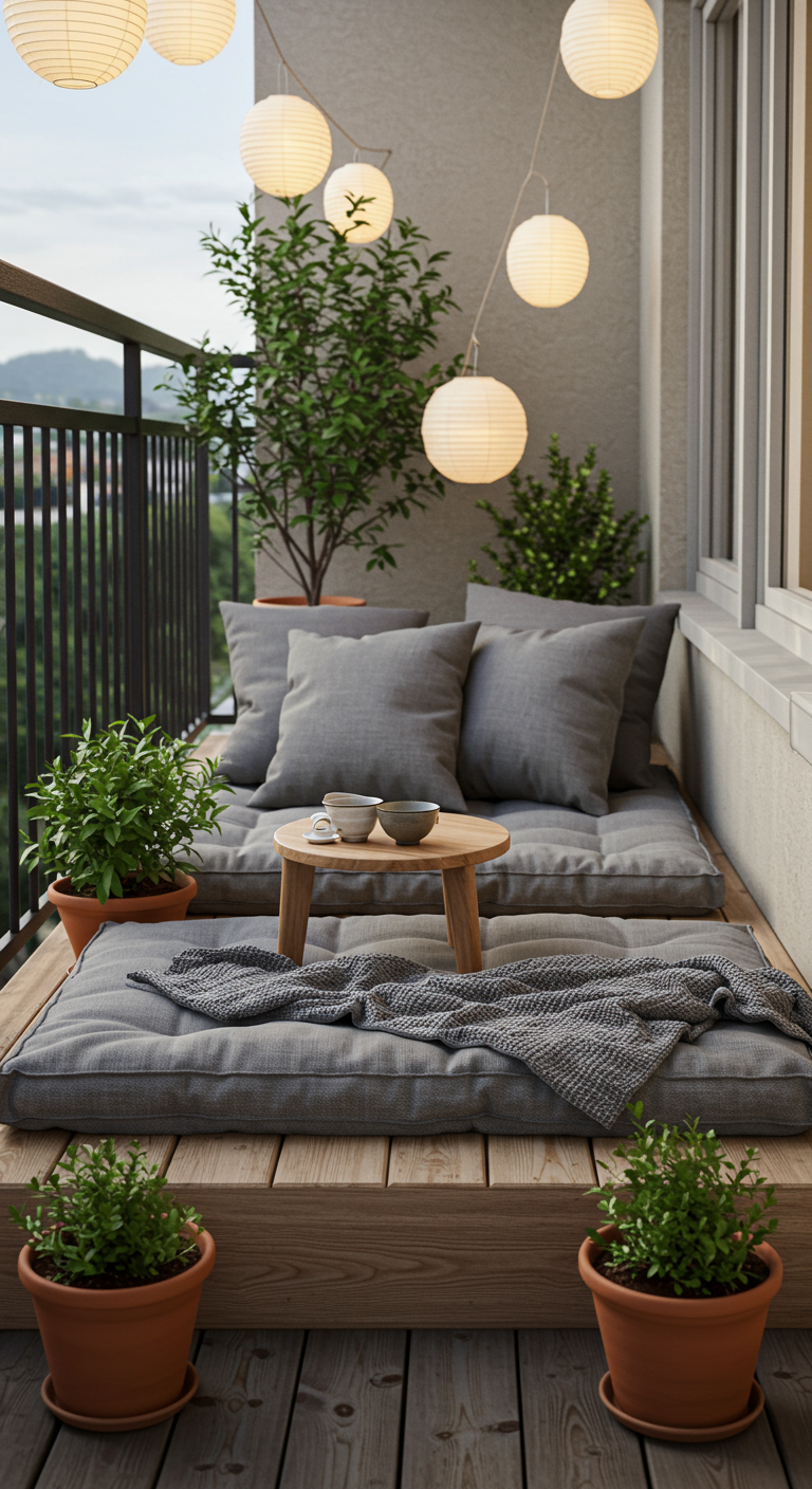 Gemütlicher Japandi-Balkon mit Holzboden, grauen Matratzen und Papierlampions.