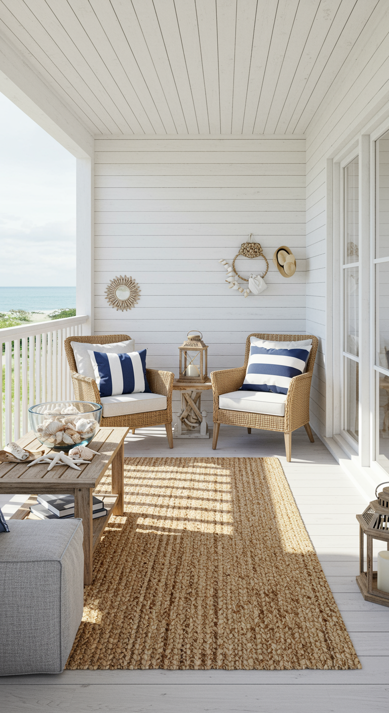Heller Balkon mit Rattansesseln, Jute-Teppich und maritimer Deko wie Muscheln.
