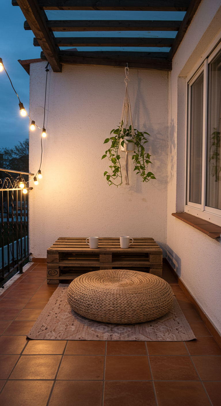 Balkon mit Palettentisch, rundem Jute-Pouf, Hängepflanze und Lichterkette.