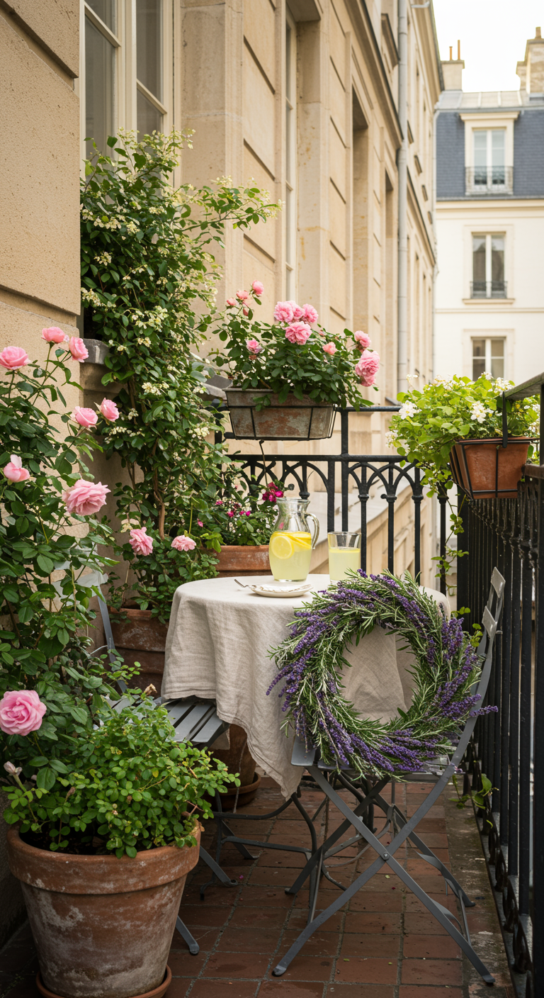 Französischer Balkon mit Bistrotisch, Rosen, Lavendelkranz auf Stuhl.