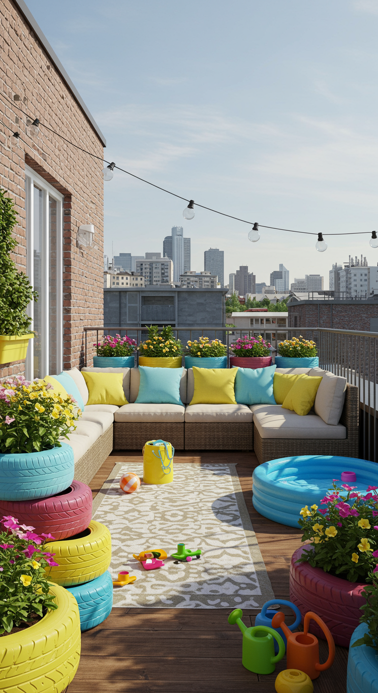 Balkon mit bunt bemalten Autoreifen als Pflanzkübel und Planschbecken.