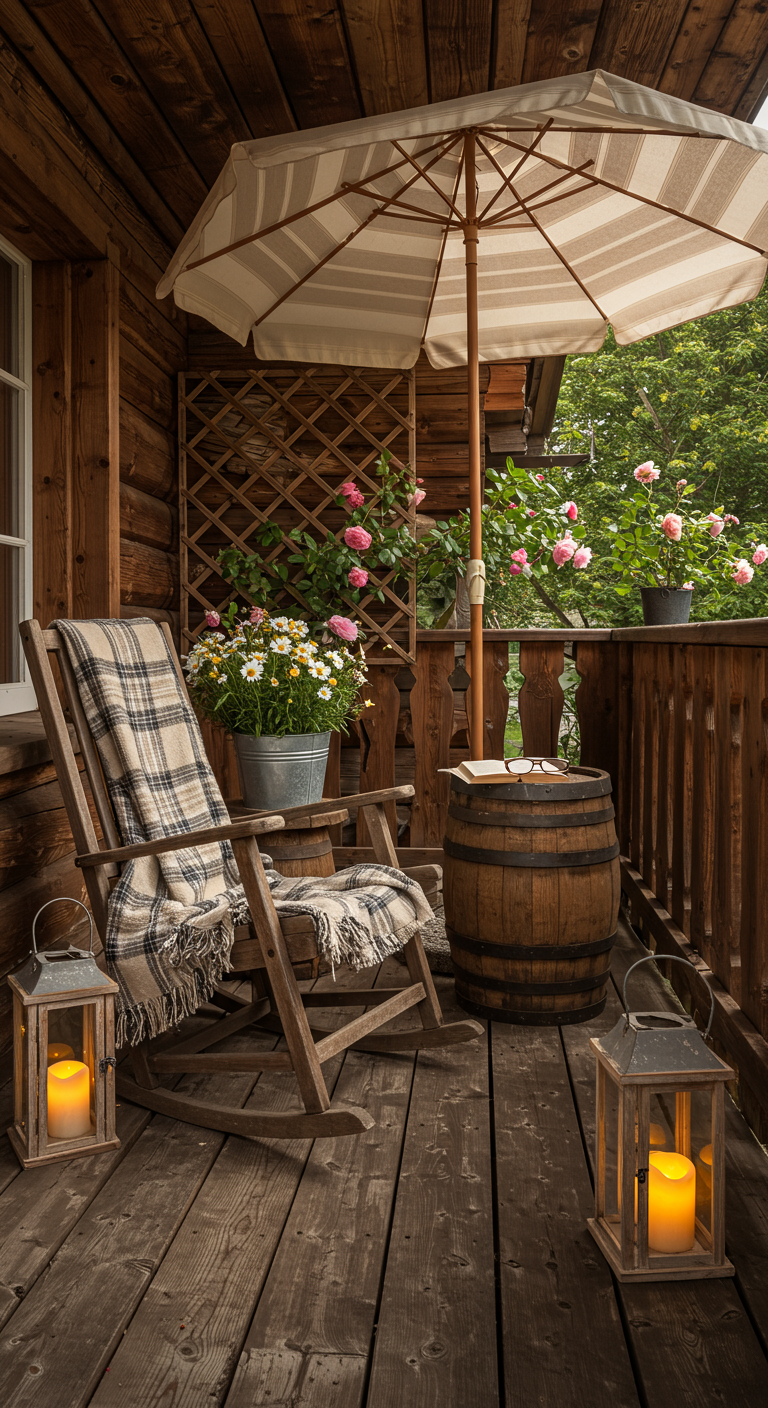 Rustikaler Holzbalkon mit Schaukelstuhl, Weinfass-Tisch, Sonnenschirm und Blumen.