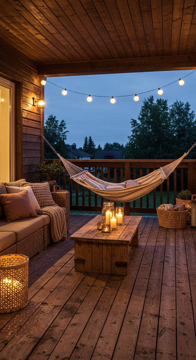 Holzbalkon mit Hängematte, Sofa, Holztisch und Lichterkette bei Dämmerung.