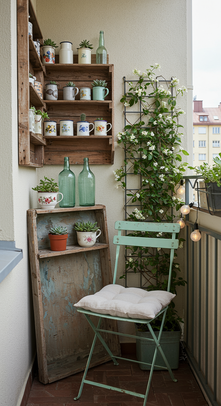 Balkon mit Holzregal voller Vintage-Tassen und mintgrünem Klappstuhl