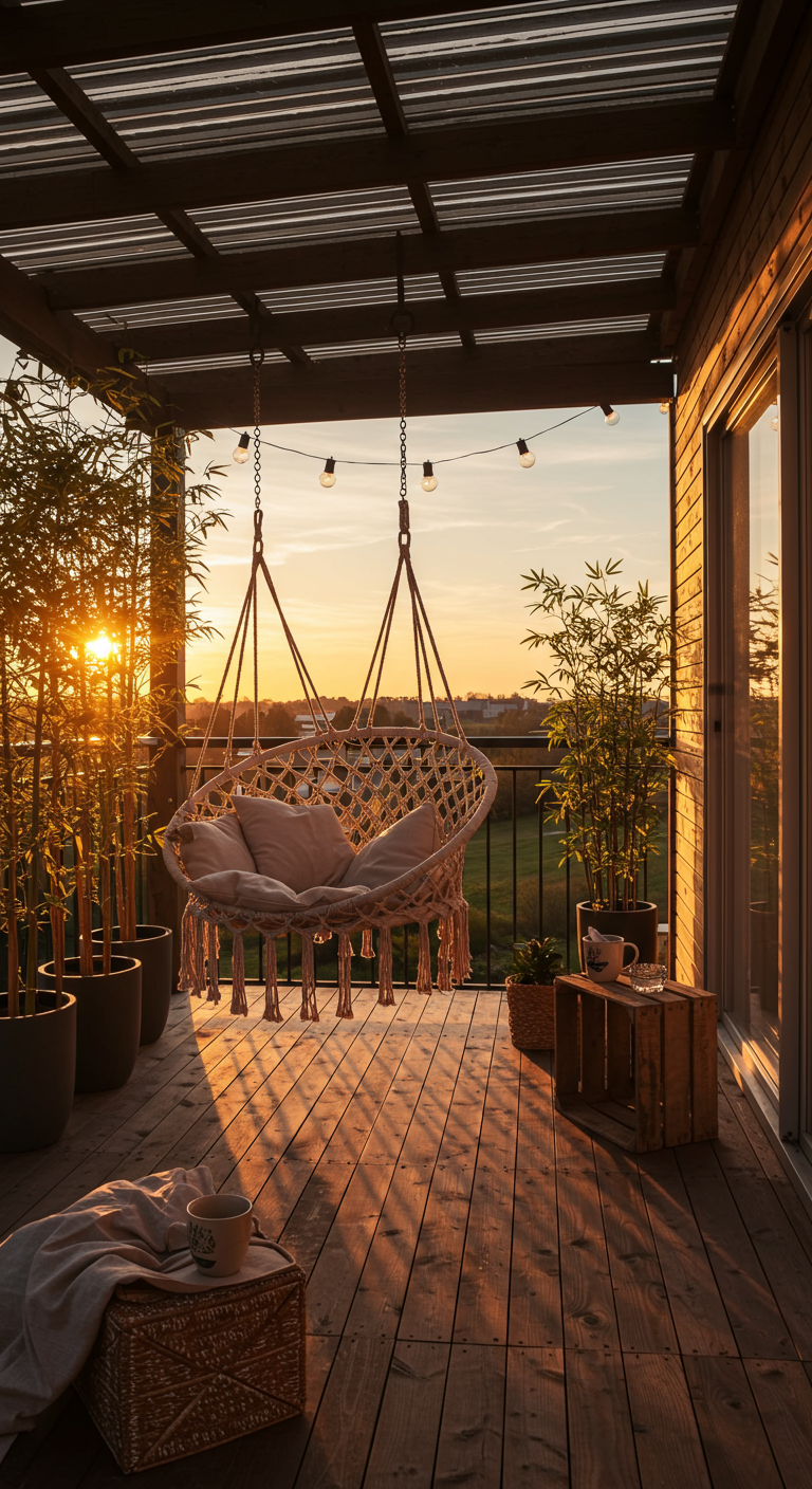 Hängesessel auf Holzbalkon mit Bambuspflanzen im Sonnenuntergang.