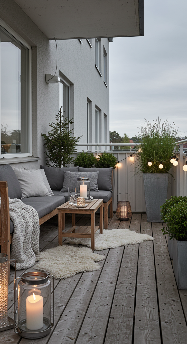 Skandinavischer Balkon mit Holzboden, grauen Loungemöbeln, Schaffell und Laternen.