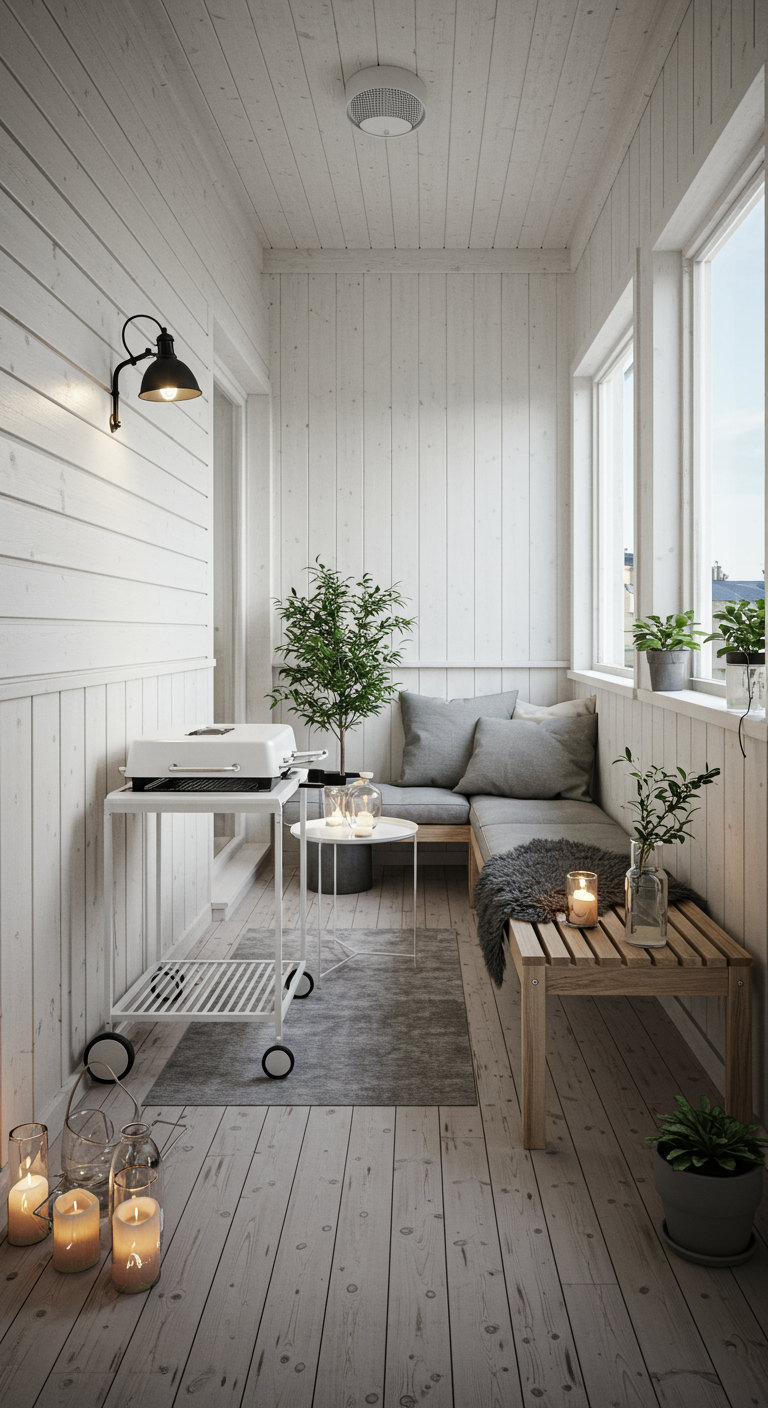 Heller, skandinavisch eingerichteter Balkon mit kleinem weißen Grill und Holzmöbeln.