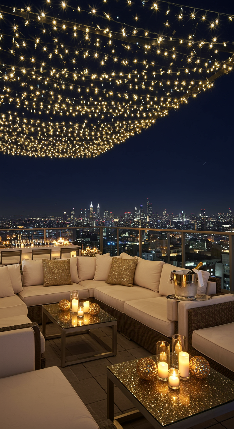 Großer Balkon mit Lichterketten-Netz als Himmel und eleganter Lounge-Bestuhlung.
