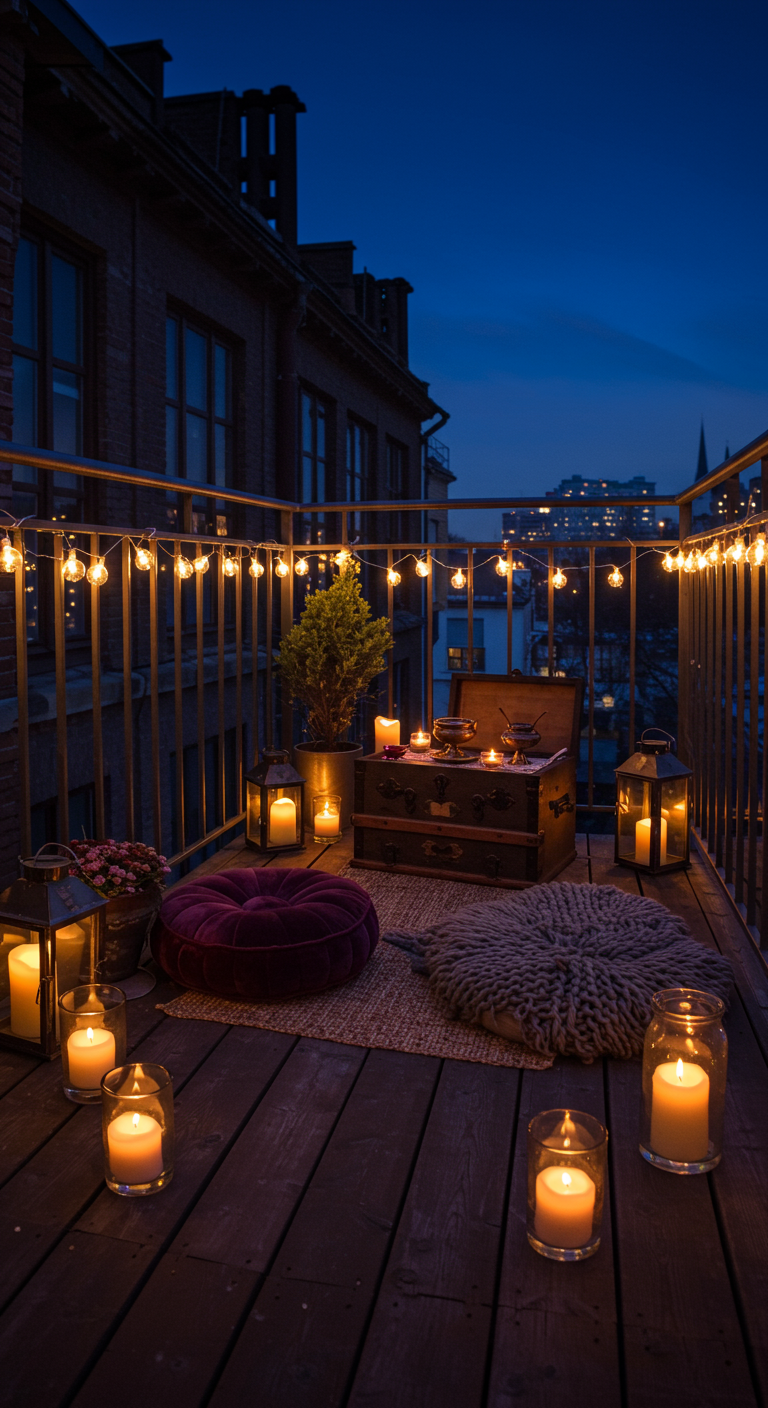 Yoga-Balkon bei Nacht mit Lichterketten, vielen Kerzen und Samtkissen.
