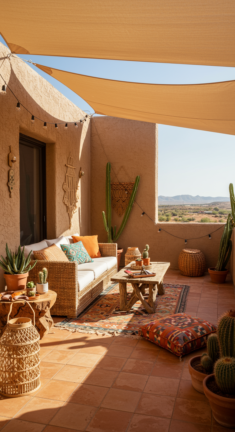 Balkon im Wüstenstil mit Rattan-Sofa, Kakteen, Sonnensegel und Ethno-Teppich.