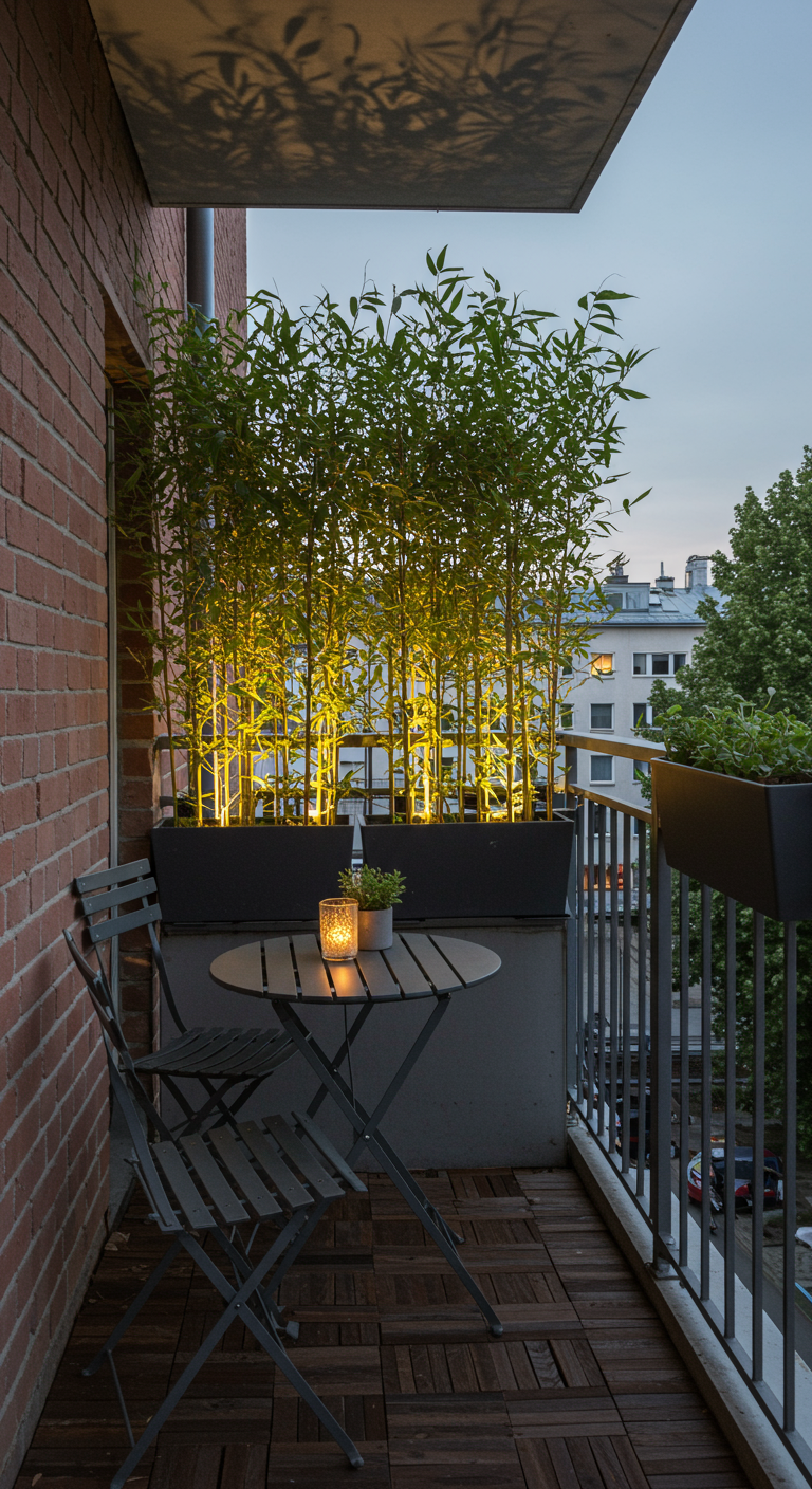 Balkon mit Bambus-Sichtschutz in Pflanzkästen, Bistrotisch und Stühlen, Kerzenlicht.
