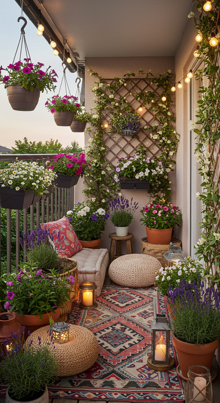 Boho-Balkon mit Hängeampeln, Teppich, Kissen und vielen blühenden Pflanzen.