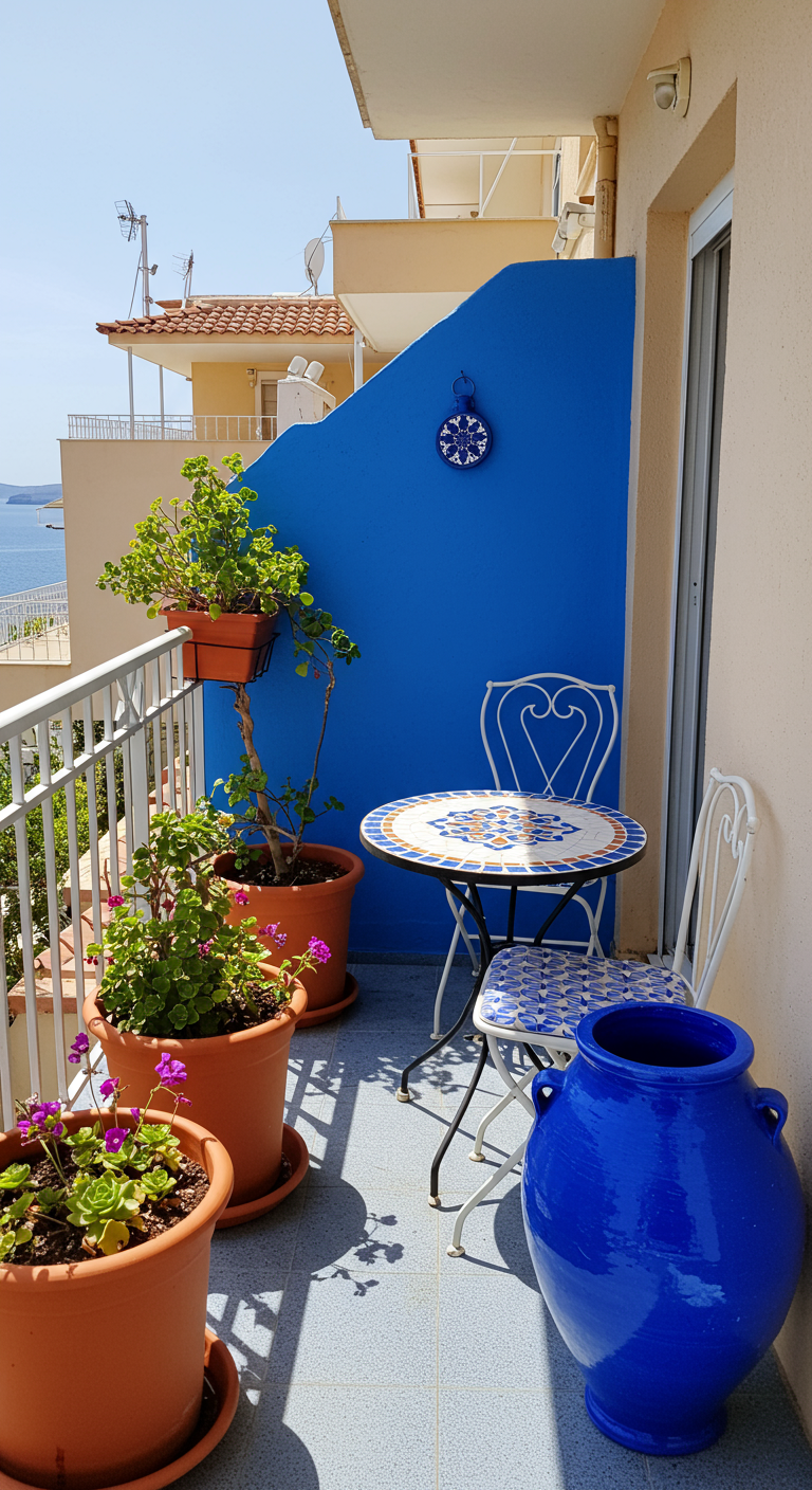 Balkon mit blauer Akzentwand, Terrakotta-Töpfen und weißem Bistrotisch.