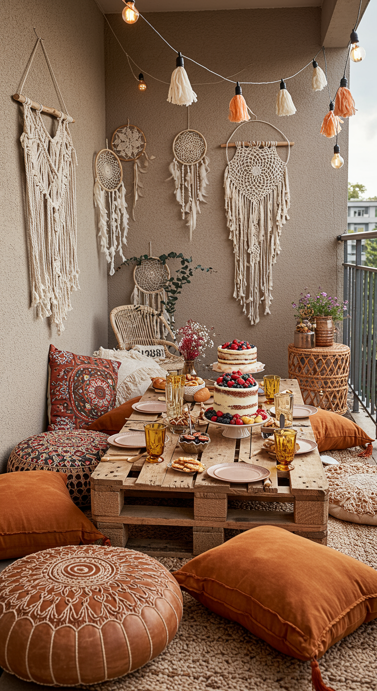Boho-Balkonparty mit Palettentisch, Bodenkissen, Makramee und Lichterketten.