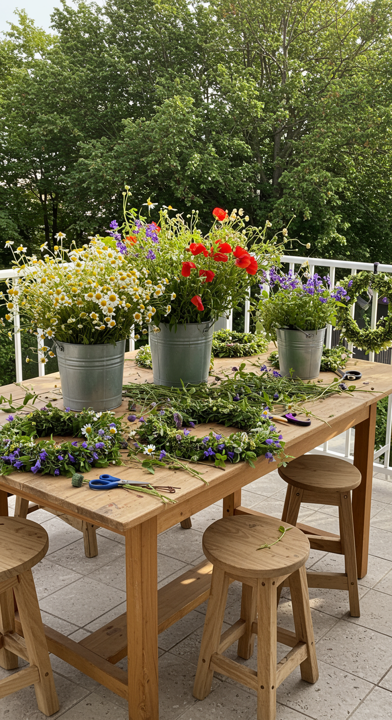 Holztisch mit Eimern voller Wildblumen und Werkzeug zum Binden von Midsommar-Kränzen.