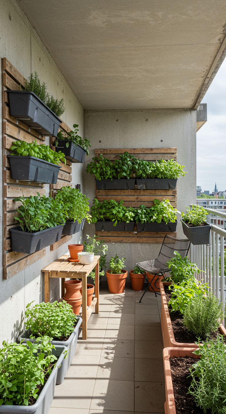 Hochhaus-Balkon mit vertikalem Kräutergarten an Betonwand und diversen Topfpflanzen.