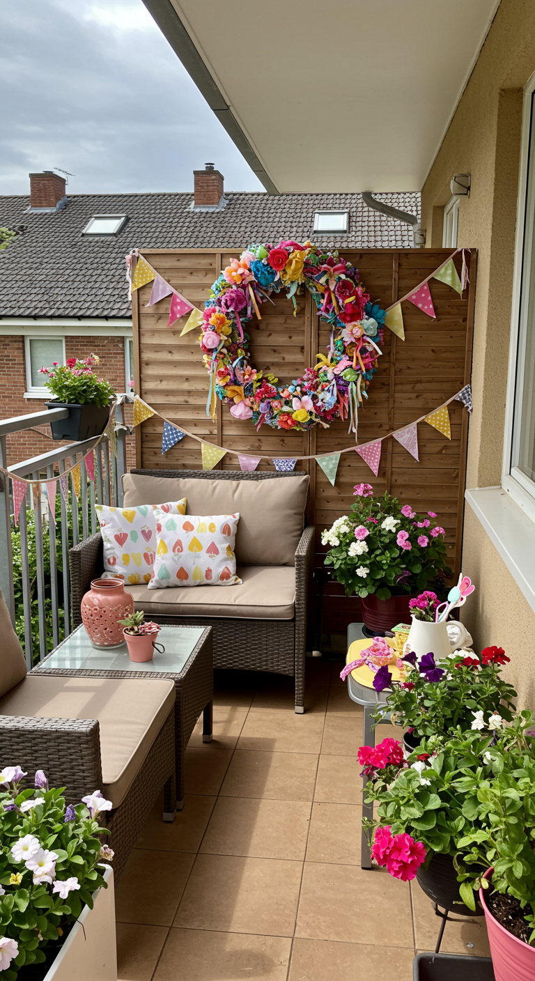 Bunter Balkon mit Loungemöbeln, farbenfrohem Stoffkranz und Wimpelkette.