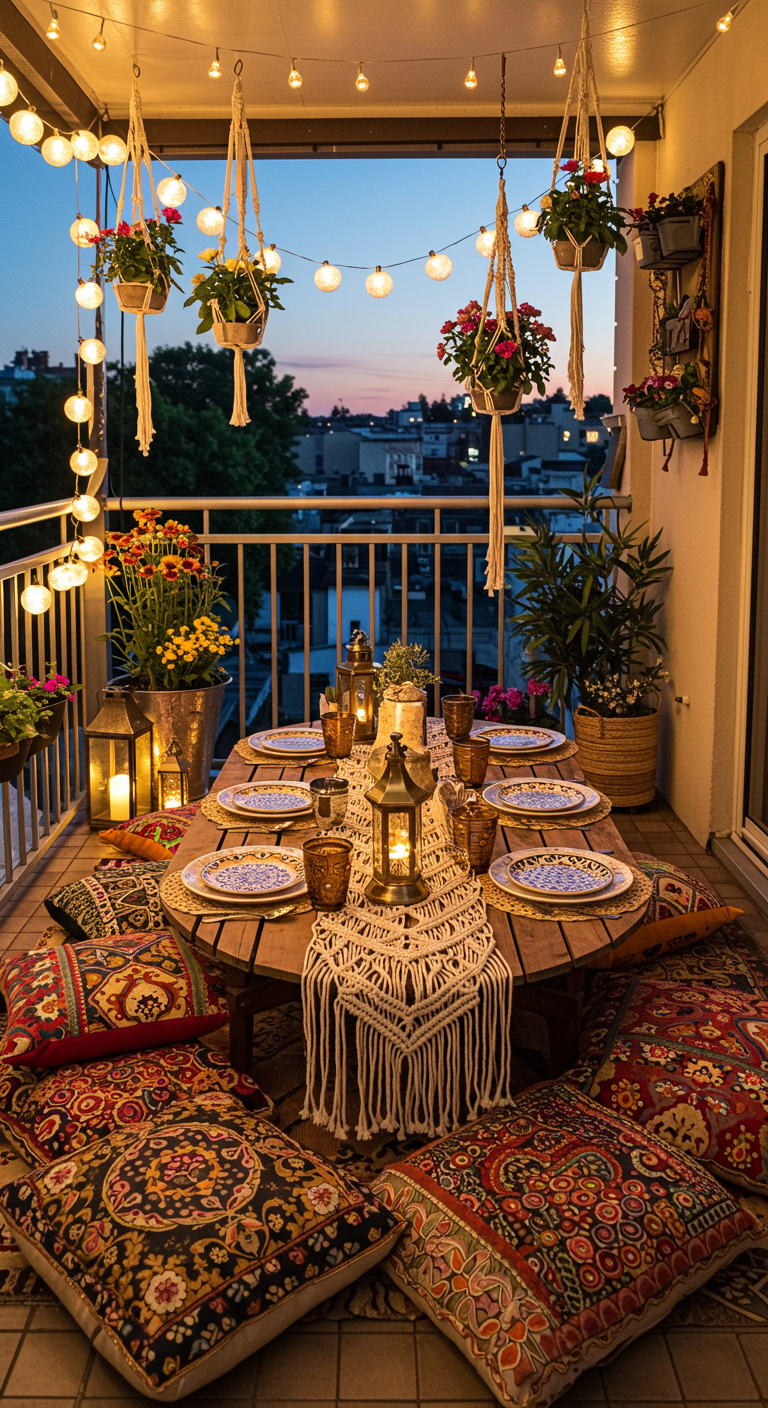 Festlich gedeckter Boho-Balkon mit Lichterketten, Makramee, Bodenkissen und vielen Pflanzen.