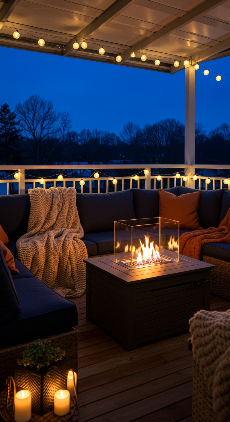 Balkon-Lounge mit Feuertisch, Ecksofa, Decken und Lichterketten bei Nacht.