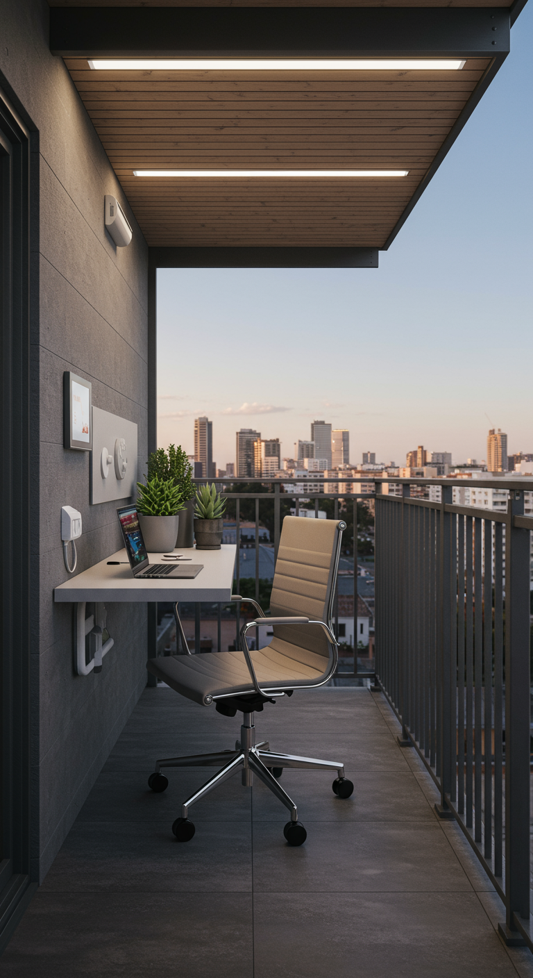 Moderner Balkonarbeitsplatz mit Klapptisch, Bürostuhl und Blick auf die Skyline.