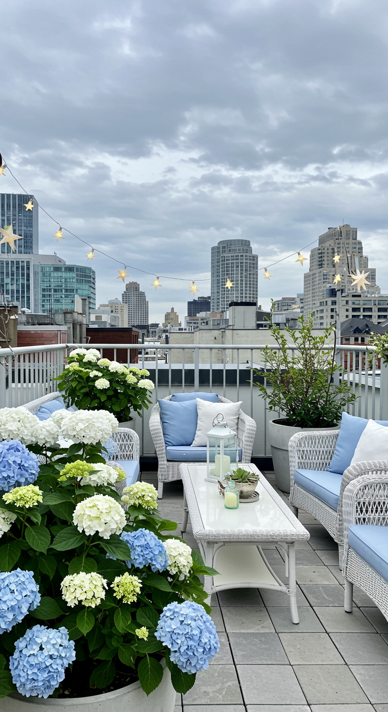 Dachterrasse mit weißen Korbmöbeln, blauen Kissen und blühenden Hortensien.