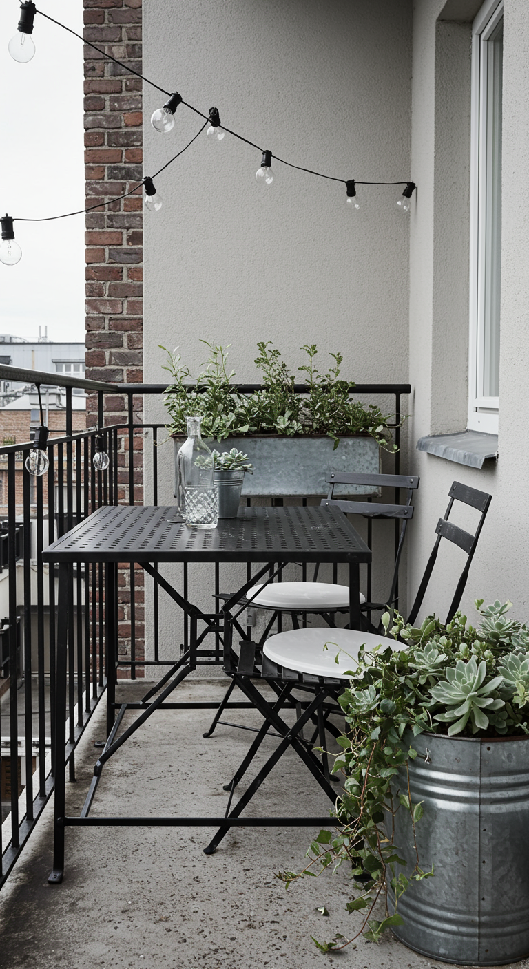 Kleiner Balkon mit schwarzen Metallmöbeln, Zink-Pflanzgefäßen und Lichterkette vor Backsteinwand.