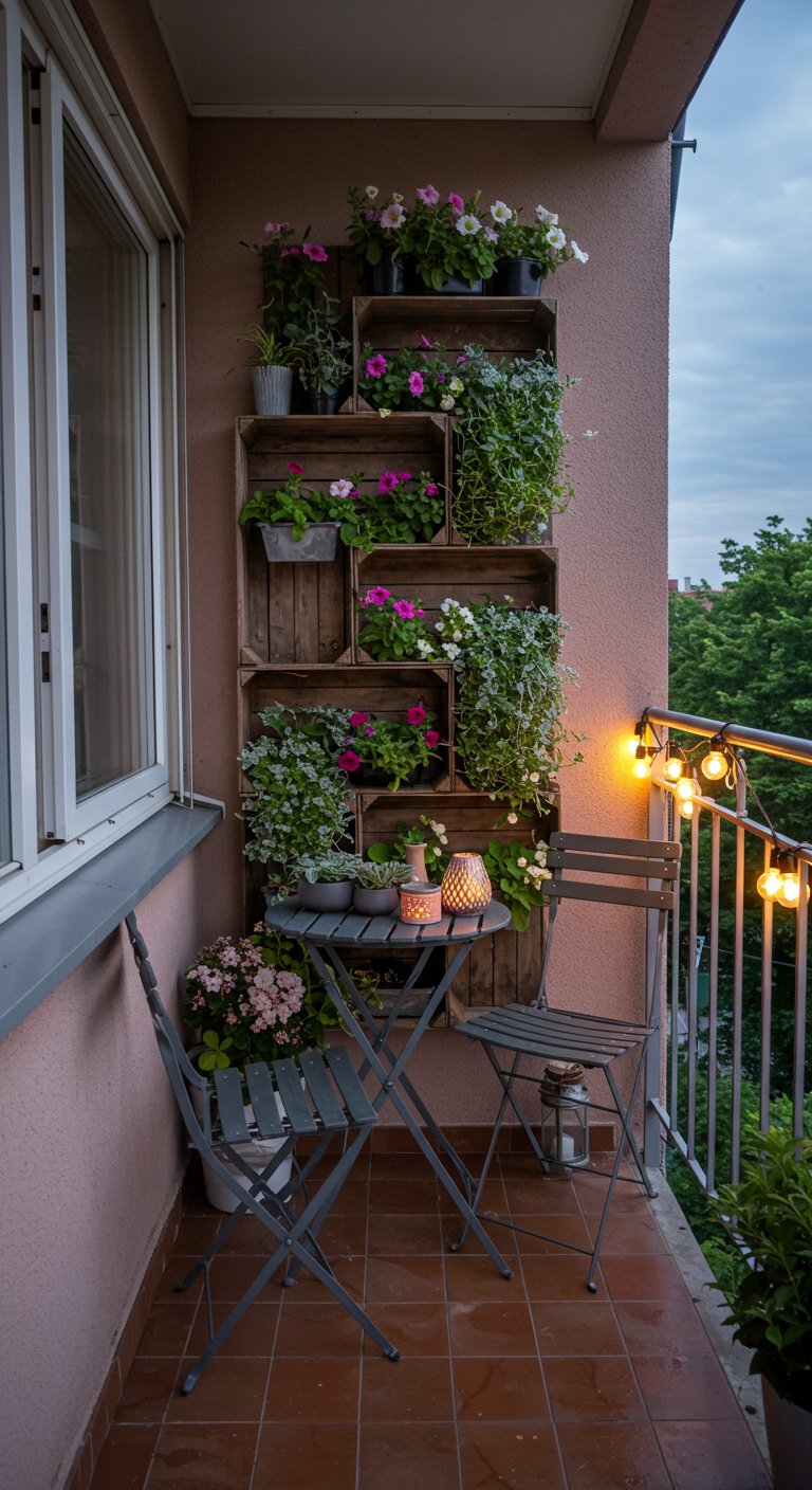 Gestapelte Holzkisten als Pflanzenregal auf einem Balkon mit Abendbeleuchtung.
