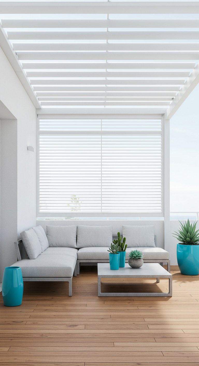 Moderner Balkon mit weißer Lamellen-Pergola, grauer Lounge-Ecke und türkisen Pflanztöpfen.