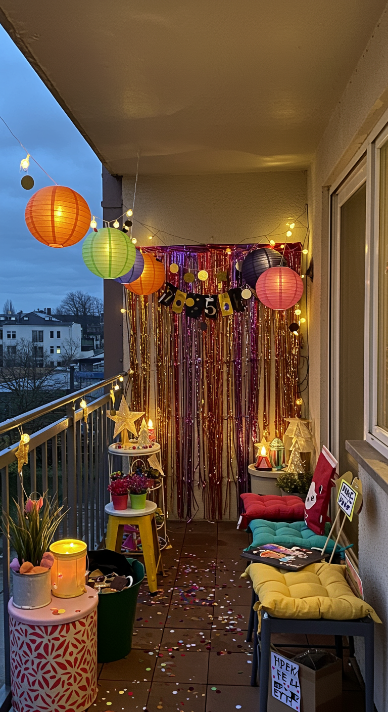 Kleiner Balkon mit bunten Lampions, Lametta-Vorhang und Konfetti für Silvester.