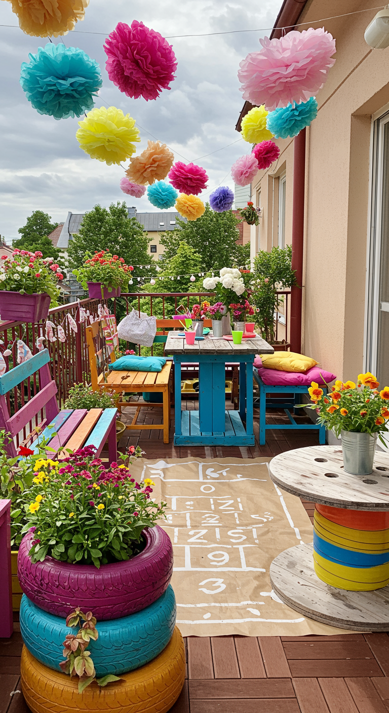 Farbenfroher Balkon mit bunten Pompons, bemalten Autoreifen als Sitze und DIY-Spielen.