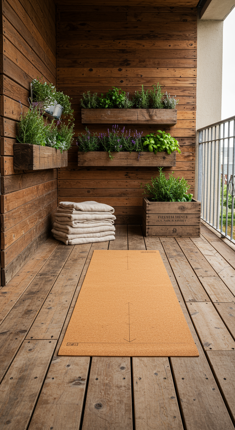 Yoga-Balkon mit Holzverkleidung, Kräutern in Holzkästen und Kork-Yogamatte.